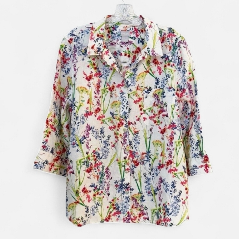 Chicos Wildflower Floral Print 100% Linen Button Down Shirt ¾ Sleeve 1 8/10